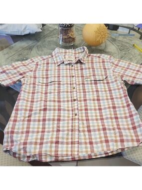 Fjallraven Women's Comfort Fit Button Front Shirt Short Sleeve Tan Plaid Xl
